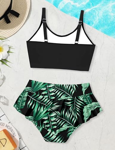 Image of Qaoerde Girls Swimsuit Tropical Print Bikini Set with Ruffle Hem Two Piece Criss Cross Bathing Suits for Girls 7-16 Years