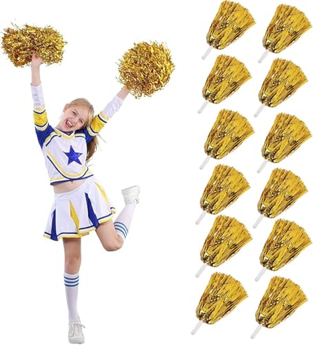 JKSvrenthy 12 Pcs Metallic Cheerleading Pom Poms for Kids Cheerleaders Cheer Pom Poms with Baton Handle Cheering Squad Hand Flower for Adults Team Spirit Sports Game Dancing Party (Gold)