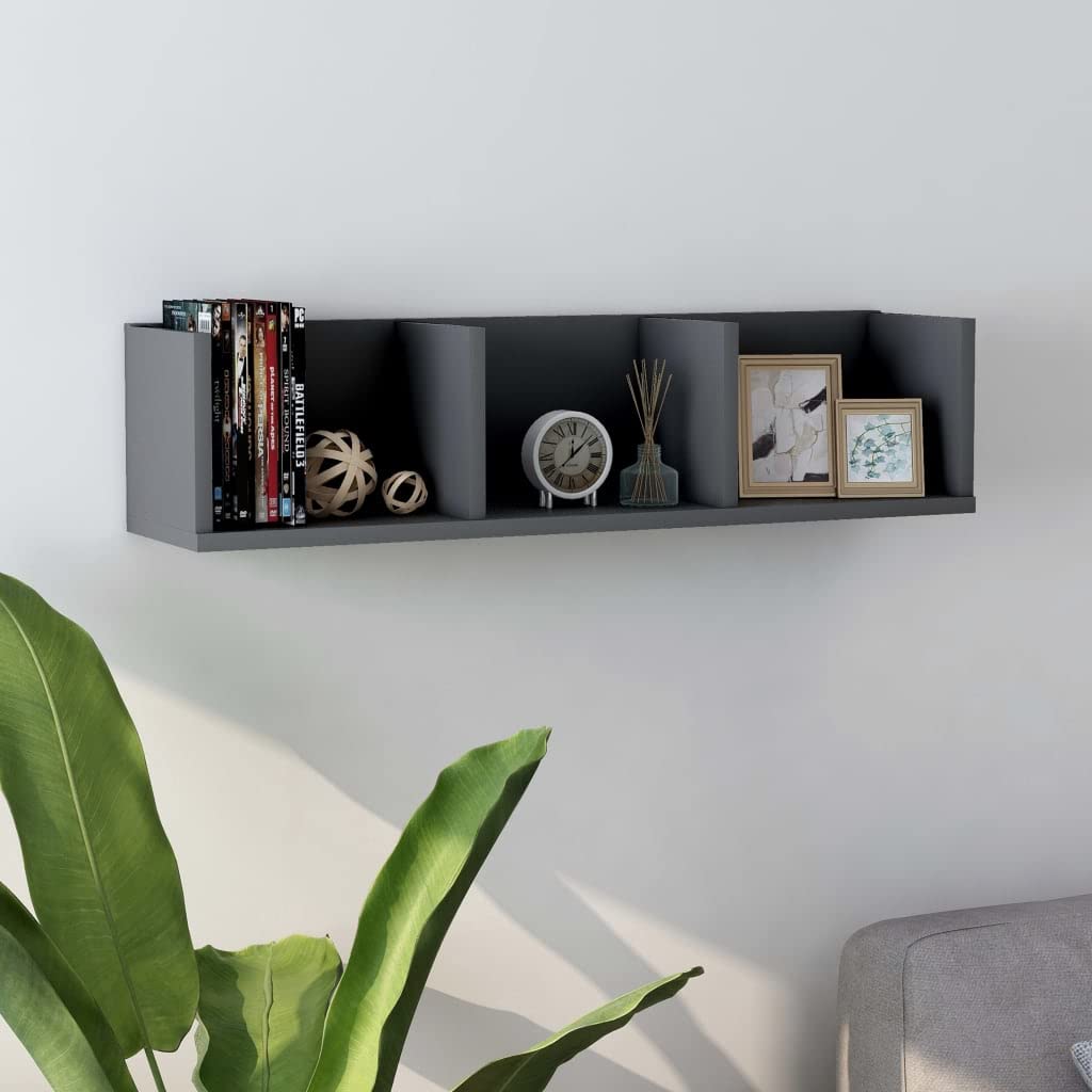 Scaffale Porta CD a Parete Grigio 75x58x18 cm | Legno multistrato, 3 scomparti, capacità 40 kg, montaggio a parete