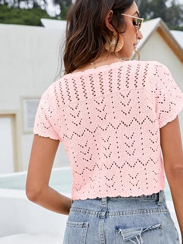 Image of Women's Crochet Shrug Knit Sweater, Short Sleeve Tie-Front Cropped Cardigan | Lightweight Open-Knit Bolero Tops, Cute Boho V-Neck, Styled Over Evening Dresses, Spring Summer Layering, Beach Cover-Up