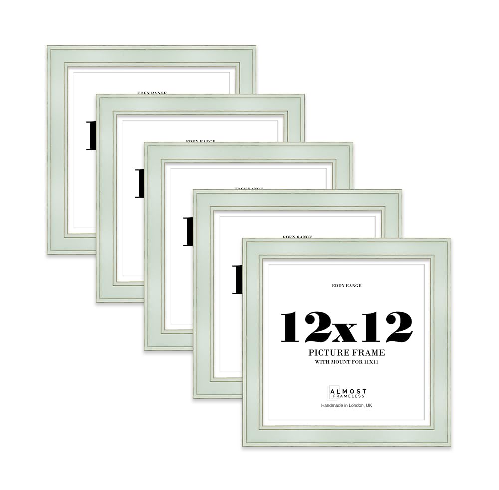 12x12" Sage Green Square Picture Frame with 11x11" Mount - Shabby Chic Photo Frame with Distressed Finish, Gold Trim, Wall Hooks and Kickstand, 37mm Edge - 5 Pack