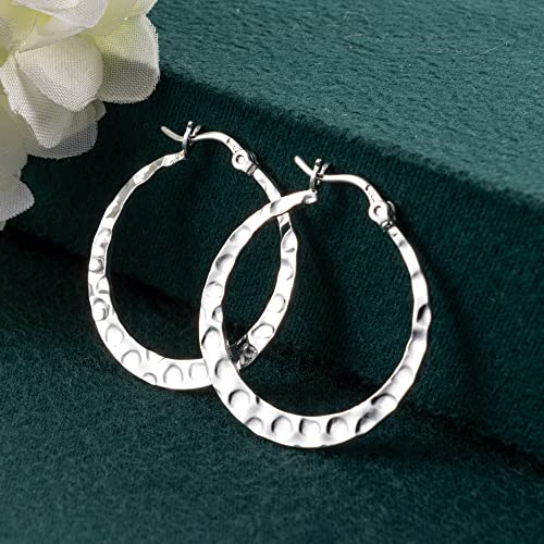 925 Sterling Silver Hammered Hoop Earrings Lightweight Large Hoops Hypoallergenic Jewelry Gift 30MM3