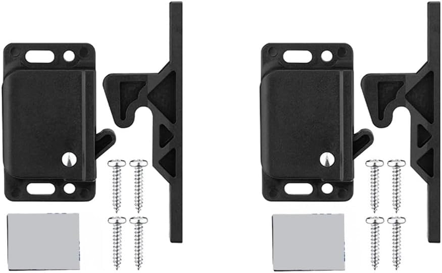 Lock Cabinet Door Lock Camping Drawer, Secure RV Latch with 8 Screws, Heavy-Duty ABS Sliding Door Lock Cabins Sheds and Outdoor Use, Black (2 Pairs)(1 screw with glue)