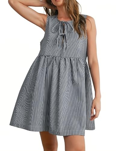 Womens Mini Red Stripe Bowknot Dress Round Neck Sleeveless A Line Casual Dresses