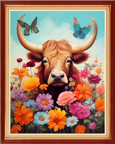 Image of Dimxvean Stamped Cross Stitch Kits,Cross Stitch Kits for Adults Beginners,Embroidery Kits Full Range of Cross Stitch Stamped Kits Needlepoint Kits Cross Stitch Patterns-Colored Cow Flower 16x20 inch