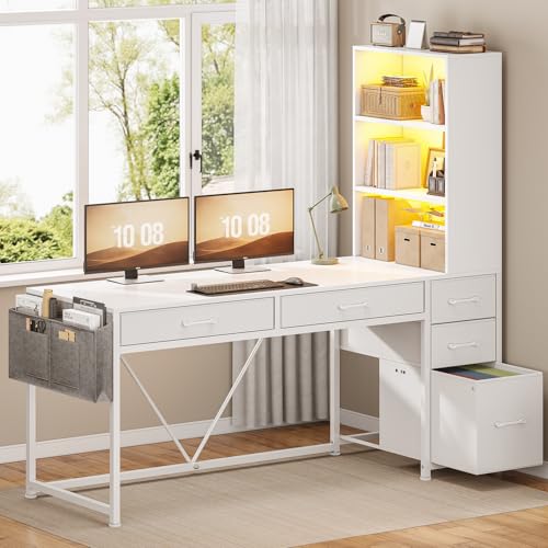 Image of SEDETA Computer Desk with 5 Drawers and Bookshelf, Reversible Home Office Desk with Storage Shelves and File Drawer, Gaming Desk with LED Lights for Small Spaces, White