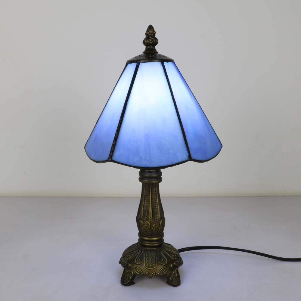 Tiffany-Stil Tischlampe Klein Blau, E14 6 Zoll Mini Glasmalerei Vintage Tischlampe Schlafzimmer, Schön Nachtlicht Kinderzimmer(Ohne Glühbirnen)