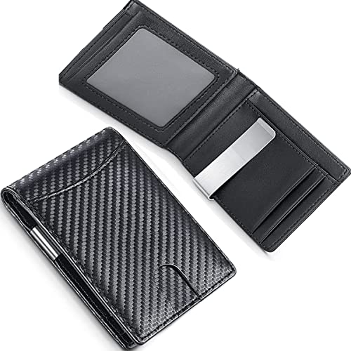 A ALEGORITY Carteras para Hombre Billetera con Tarjetero y Clip Incorporado I Cartera para Hombre Portatarjetas Portamonedas I Diseño Elegante Negro Fibra de Carbono I Llavero Incluido Cover