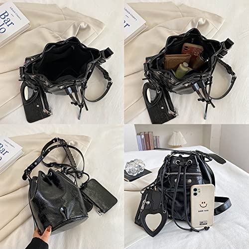 Large Capacity Bucket Bag Purses for Women, Cool Studded Punk Motocycle Crossbody Bag,PU Leather Drawstring Shoulder City Bag (Purple)4