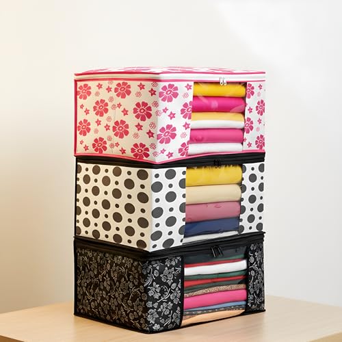 Image of Non-Woven Wardrobe Organizer Bags (Set of 3, Yellow) | Heavy-Duty Strong Zipper Clothes Storage Covers | Foldable Dust-Proof Closet & Bedroom Organizer for Sarees, Blankets & Seasonal Garments