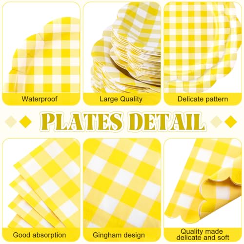 Image of Funnymoom 452 Pcs Yellow Gingham Party Supplies for 50, Yellow and White Gingham Checkered Paper Plates Napkins Cups Tablecloth Cutlery Straws for Birthday Family Picnic Barbecue Party Decoration