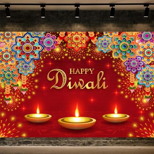 Image of 15x10FT Happy Diwali Backdrop Banner Decor, Festival Lights Indian Happy Diwali Decorations Party Supplies Deepavali Photography Background for Indoor Outdoor Garden,Yard, Party Home Decor