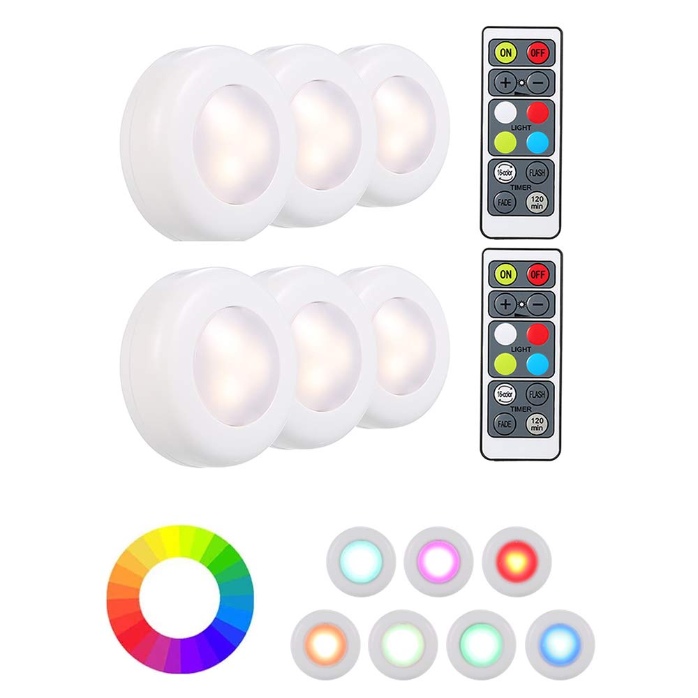 RGB LED Under Cabinet Lamp Puck Light with Remote Control Brightness Adjustable Dimmable Timing Supported 16 Colors Automatic Changing/Flash Lighting Modes Battery Operated Powered (6 Pack)