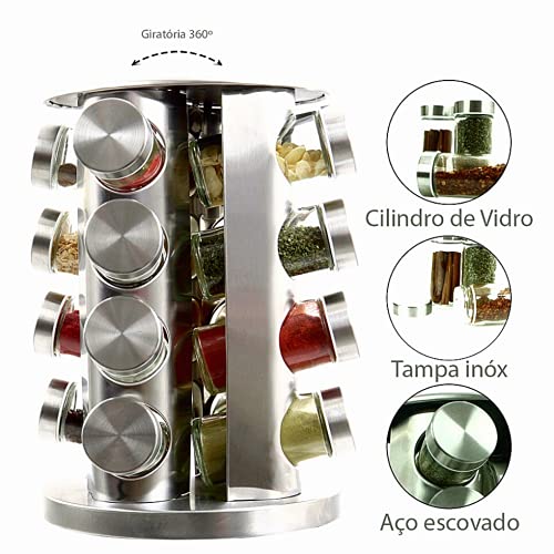 Porta Tempero Condimento Inox Vidro Giratorio Cozinha 16 Pts