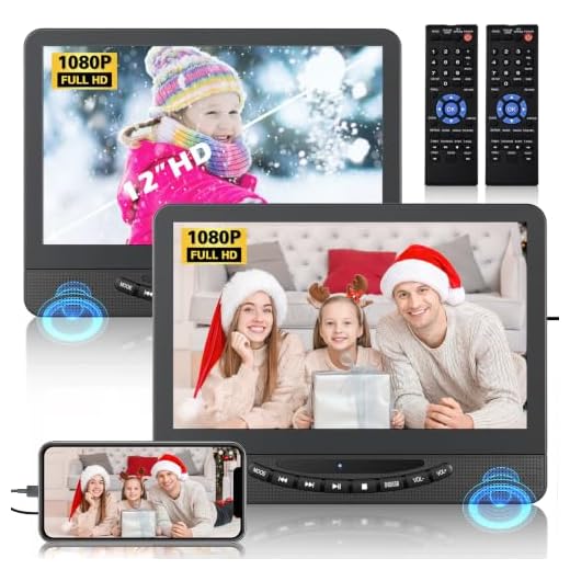 FELEMAN 12" Dual Portable DVD Player for Car with HDMI Input/AV Output | Car DVD Player Dual Screen Play A Same or Two Different Movies, Support USB/SD Back Seat Entertainment System