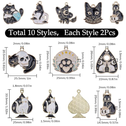 SUNNYCLUE 1 Box 20Pcs 10 Styles Gothic Cat Charms Black Kitty Charm Bulk Alloy Enamel Goth Pet Animal Cats Head Ouijas Magic Skull Tarot Halloween Charms for Jewellery Making Charm Necklace DIY Supply - Image 2