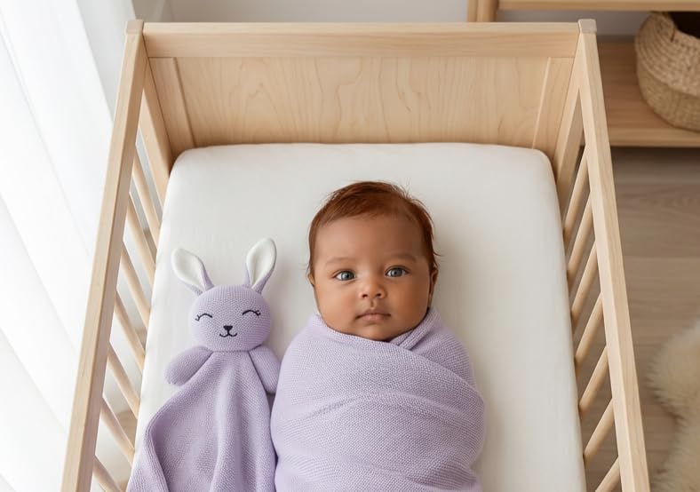 Image of Baby Gift Set - Organic Cotton Newborn Blanket and Lovey Security Blanket Set, Baby Gift, Baby Registry Search Gift Registry by Name, Basket (Lovey - Bunny - Lavender)