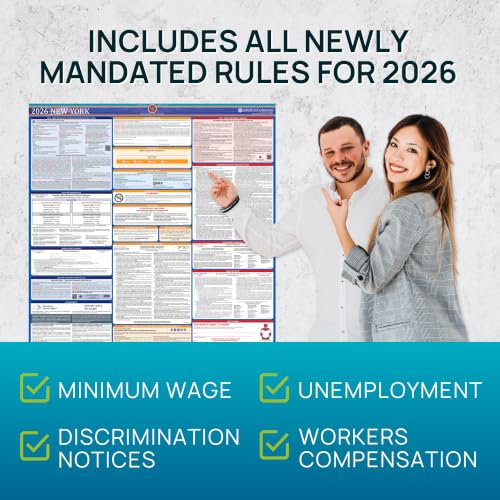 Image of New York 2026 Labor Law Poster - State & Federal Employment Compliance - OSHA, EEOC, FMLA, Minimum Wage- Premium Paper Workplace Poster - Folded & Unlaminated - Envelope Packed - 26 inch x 39.5 inch