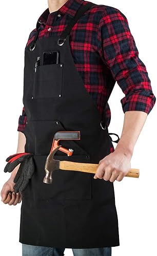 Miniatura 7 de Delantal de lona de 16 onzas para hombre, delantal de trabajo resistente negro para carpinteros, carpinteros, herreros, barbacoas, jardineros,