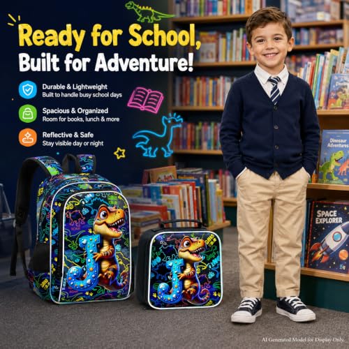 Image of HPJGD 3PCS Dinosaur Bookbag for Boys, Water Resistant Kids Backpack Set with Lunch Box, Cool School Bag for Preschool Toddler - Dinosaur Holding Letter J
