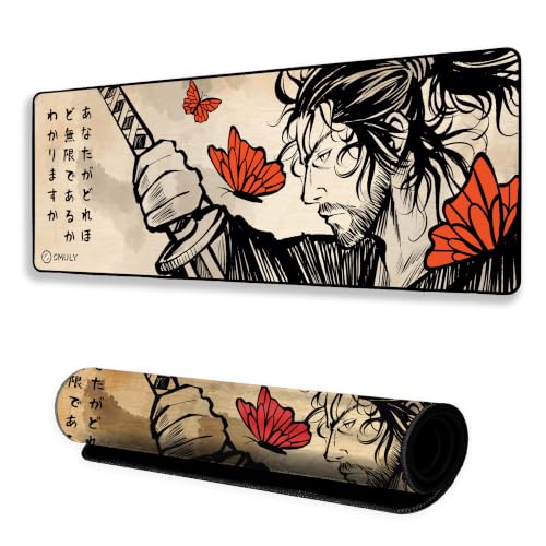 Image of Japanese Samurai Mouse Pad 12x32 Inch 3mm Extended Gaming Desk Mat with Anti-Slip Rubber Base Mousepad for Smooth Surface Desk pad for PC & Laptop Use Waterproof & Stiched (Multicolour) Deskpad