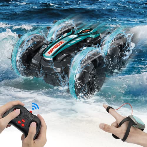 AmazeFun Amphibisches Ferngesteuertes Auto, Gestensensor 4WD Ferngesteuertes Off-Road Spielzeugauto für Kinder, 360 Grad Drehbares Ferngesteuertes Auto 3,4,5,6,7 + Jahre alte Kindergeschenke