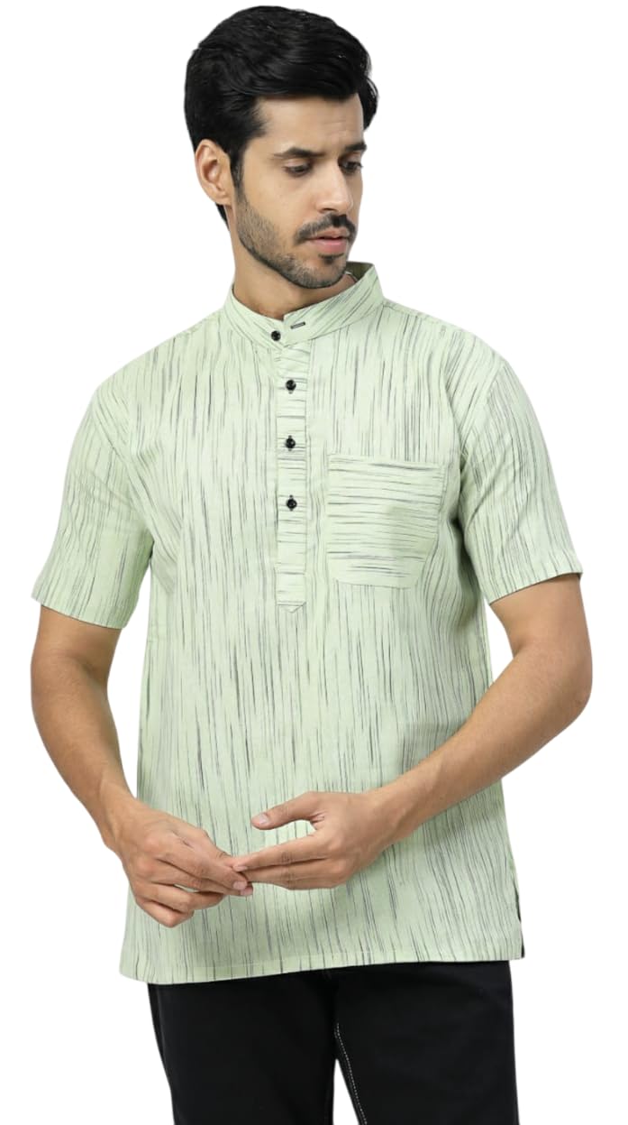 Men's Cotton Blend Half Sleeves Striped Short Kurta with Front Button-picture-34