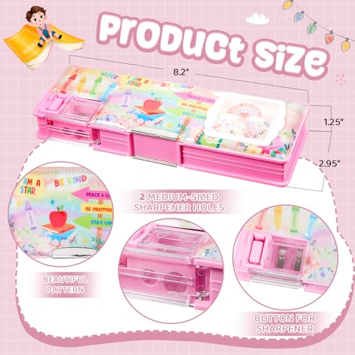Image of Henoyso Multifunctional Pencil Box for Girls, Pink Inspirational Pencil Case with Calculator and Sharpener, 2026 Back to School Supplies Organizer for Kids Teens Students, Elementary Gift