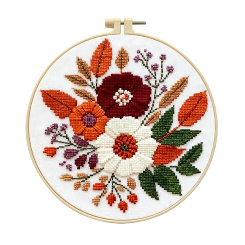 Image of Zhenqing Floral Bouquet Cross Stitch Kit for Beginners - Complete Set with Pre-Printed 11CT 24x24cm Fabric, Hoop & Threads (68993)
