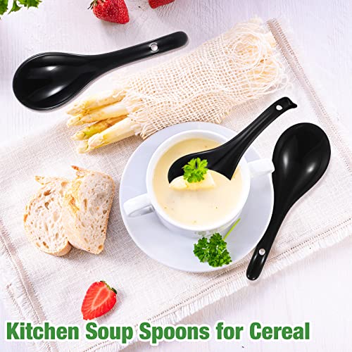 Set Of 24 Asian Soup Spoons Ceramic Chinese Japanese Soup Spoons 6.75 Inch Large Ultra-Fine Porcelain Kitchen Tablespoon For Dumpling Ramen Cereal Stews Pho Wonton, Deep Oval Hook Design (Black) #TOP5
