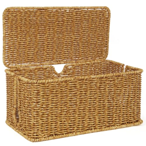 Image of ZhiYo Rattan Cable Management Box, Cord Organizer, Nature, 13.5 inchx6.2 inchx6 inch | Handwoven imitation rattan cord hider box conceals power strips and cables for a clean desk or floor setup