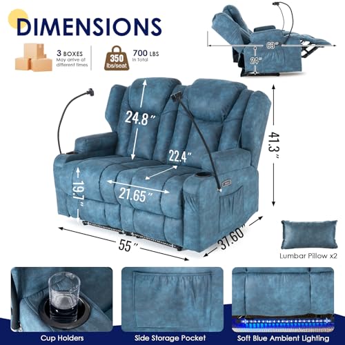 Image of Redlife Power Loveseat Recliner Sofa, Leathaire Farbic Dual Reclining Couch with Vibration ＆ Heating, Blue LED Base Lights, USB Ports, Cup & Phone Holders, Home Theater & RV Reclining (Navy Blue)