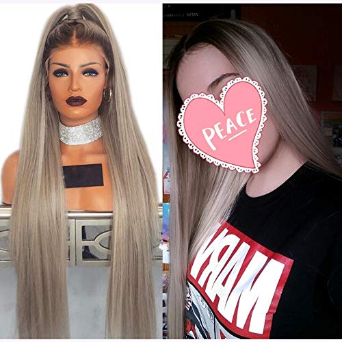Ombre Ash Blonde Wig,Straight Lace Front Wig Brown Root Platinum Blonde Synthetic Wigs For White Women African American