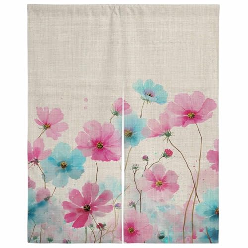 Evamona のれん 間仕切りカーテン 遮光 断熱 目隠し 幅100x丈200cm 和風 おしゃれ 暖簾 玄関 キッチン リビング 出入り口 店舗 カフェ 飲食店 春夏秋冬 インテリア装飾 春 花 水彩画 麻布柄