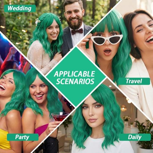 Image of Pastel Green Wavy Bob Wig for Women, Short Shoulder Length Synthetic Wig with Bangs, Natural Looking Lightweight Hairpiece for Gift & Cosplay Costume Party