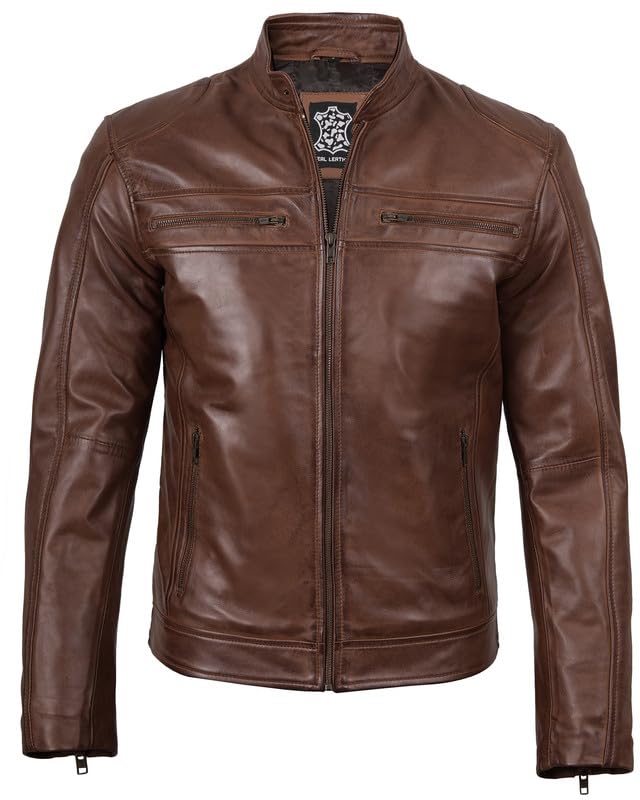 Image of Blingsoul Stylish Black & Brown Cafe Racer Leather Jacket For Men - Real Lambskin Leather Motorcycle Jacket Mens