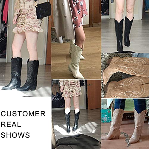 Hbeylia Cowboy Boots For Women Vintage Ethnic Western Cowgirls Boots Flower Embroidered Pointed Toe Chunky Heels Mid Calf Knight Riding Boots Boho Retro Winter Fall Dress Tall Boots For Ladies4
