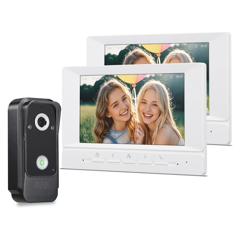 7 Zoll IPS Cable Sistema de Intercomunicación 1080P HD Videoportero, Timbre Vídeo Cámara Visión Nocturna y 2 Monitores Pantalla, Audio Bidireccional y Desbloqueo