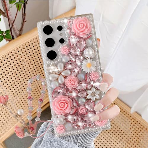 Image of Changjia for Samsung Galaxy S24 Ultra Glitter Bling Case, Cute Luxury 3D Sparkle Crystal Rhinestone Flowers Diamond Pearl with Lanyard Wrist Strap Women Girls Case for Galaxy S24 Ultra 6.8 Inch (Pink)