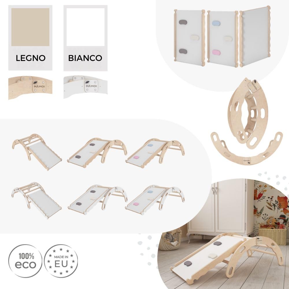 MAMOI® Arrampicata per bambini con scivolo in legno naturale, Dondolo triangolo, Altalena da casa interno, Parete arco montessori a partire da 1 anno 2/3 anni