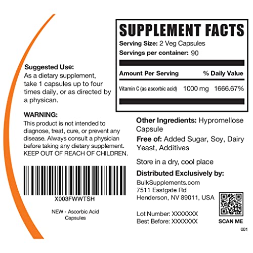 Bulksupplements.com N-Acetyl L-Cysteine (Nac) Capsules (180 Count) & Ascorbic Acid (Vitamin C) Capsules (180 Capsules) Bundle #TOP2