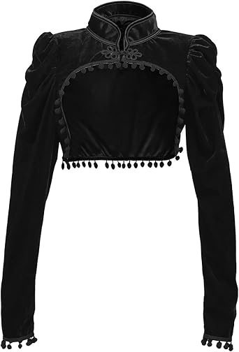 Xiaojmake Victorian Steampunk Gothic Shrug Retro Bolero Ruffle Black Silky Long Flare Sleeve Jacket Vintage Short Coat