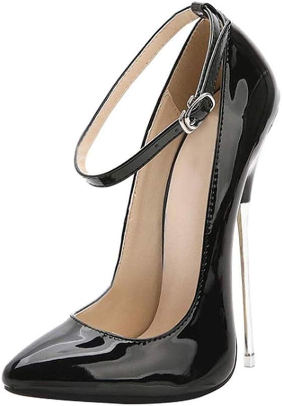 ZFAFA Women's Extreme High Heels Closed Pointy Toe Sexy Ankle Straps Strappy Stilettos for Wedding Dress Party Court Shoes, BLACK