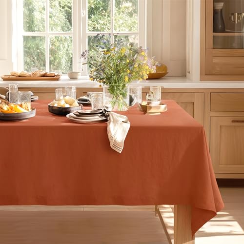 Linen World Fall Linen Tablecloth 120" x 60" Inch,French Linen Washable Rectangular Table Cloth for Dining,Outdoor,Weddings and Restaurants,Decorative Thanksgiving Christmas,Burnt Orange