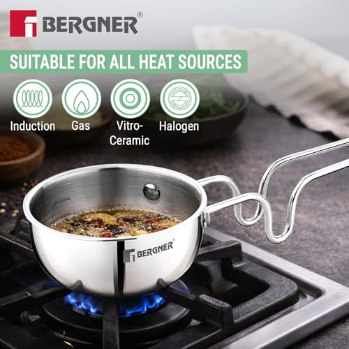 Image of BERGNER Argent Triply 12cm (500ml) Tadka Pan /Vagar /Vaghariya Pan for Spice Seasoning, Tempering, Ergonomic Stay Cool Touch Handle, Faster and Even Heat Distribution - Induction and Gas Stove Ready