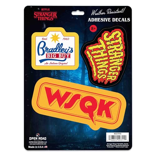 Image of Stranger Things Logos Adhesive Vinyl Decals - Retro Stranger Things Stickers for Laptop or Water Bottle, 1 Pack (3 Count)
