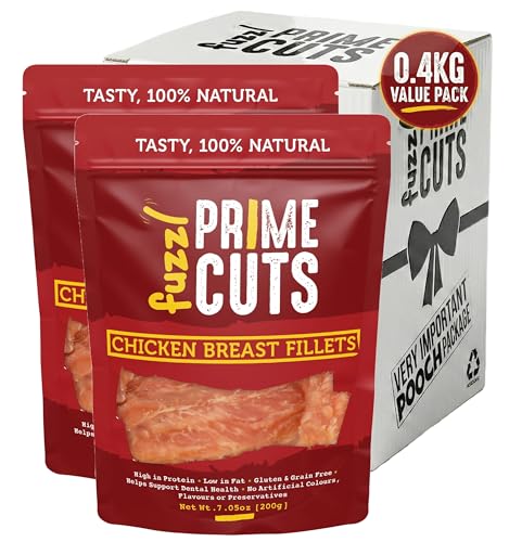 Fuzzl Prime Cuts 100% Natural Chicken Breast Fillets High Protein Low Fat Dog Treats Gluten & Grain Free Supports Dental Health No Artificial Colours Flavours Preservatives 2x200g Value Pack