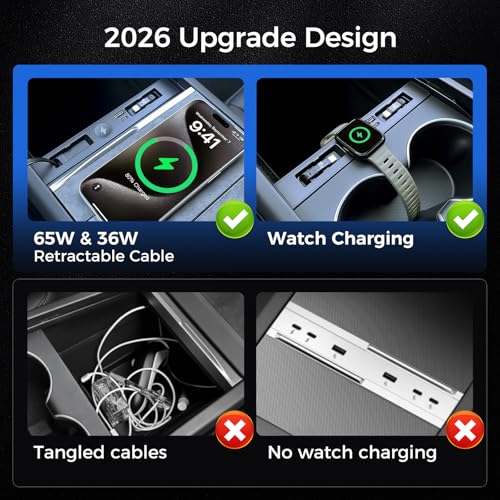 Image of USB Hub for Tesla Model Y Juniper Accessories 2026 & Model 3 Highland 2025 Accessories, Hidden Console Phone Charger Hub Compatible with Apple Watch, Center Interior (2-Type C+Watch Charging)