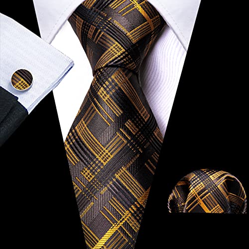 Image of Barry.Wang Plaid Ties Check Mens Necktie Set with Handkerchief Cufflinks Classic Stripe