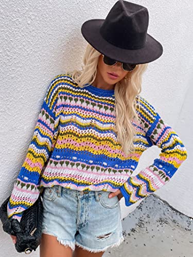 CORIRESHA Women's Y2K Colorful Stripes Crochet Sheer Long Sleeve Casual Knit Pullover Sweater2